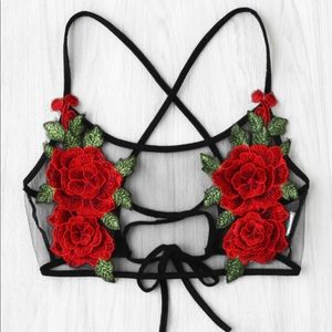 Rose Applique Lace Up Back Sheer Mesh Bralet